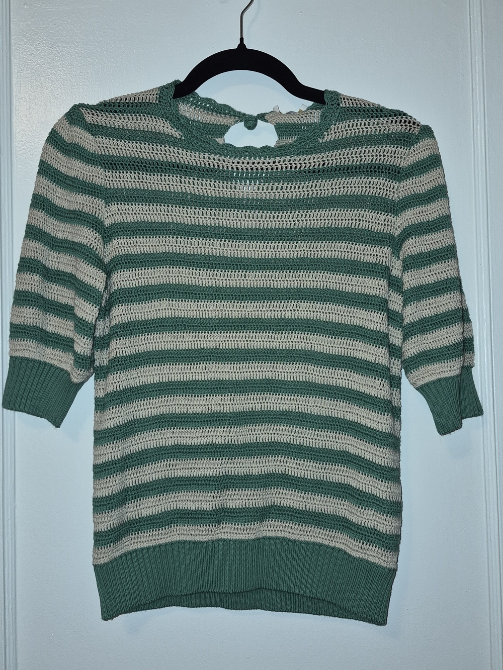 New Tags Ann Mashburn Green and Cream Striped Margeaux Crochet Sweater, XS